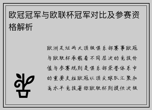 欧冠冠军与欧联杯冠军对比及参赛资格解析